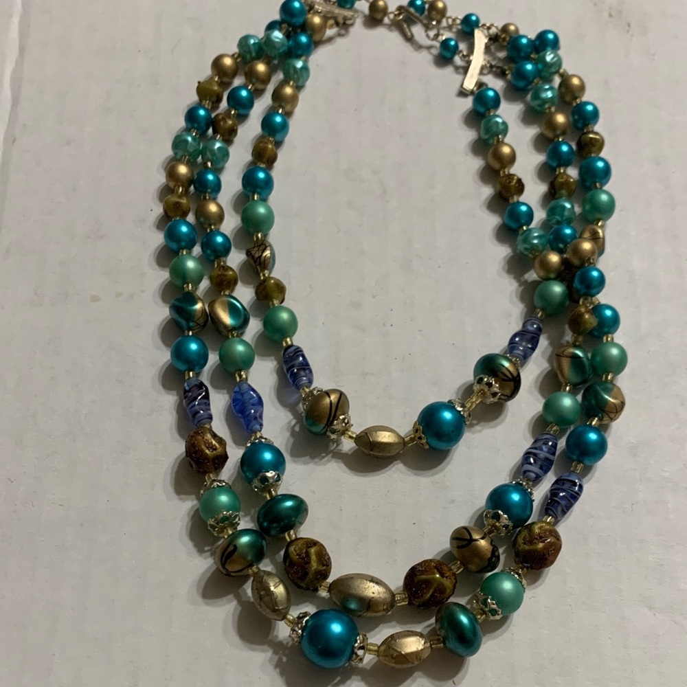 Stunning Vintage Teal & Gold triple drop strand beaded necklace.. A Must for you